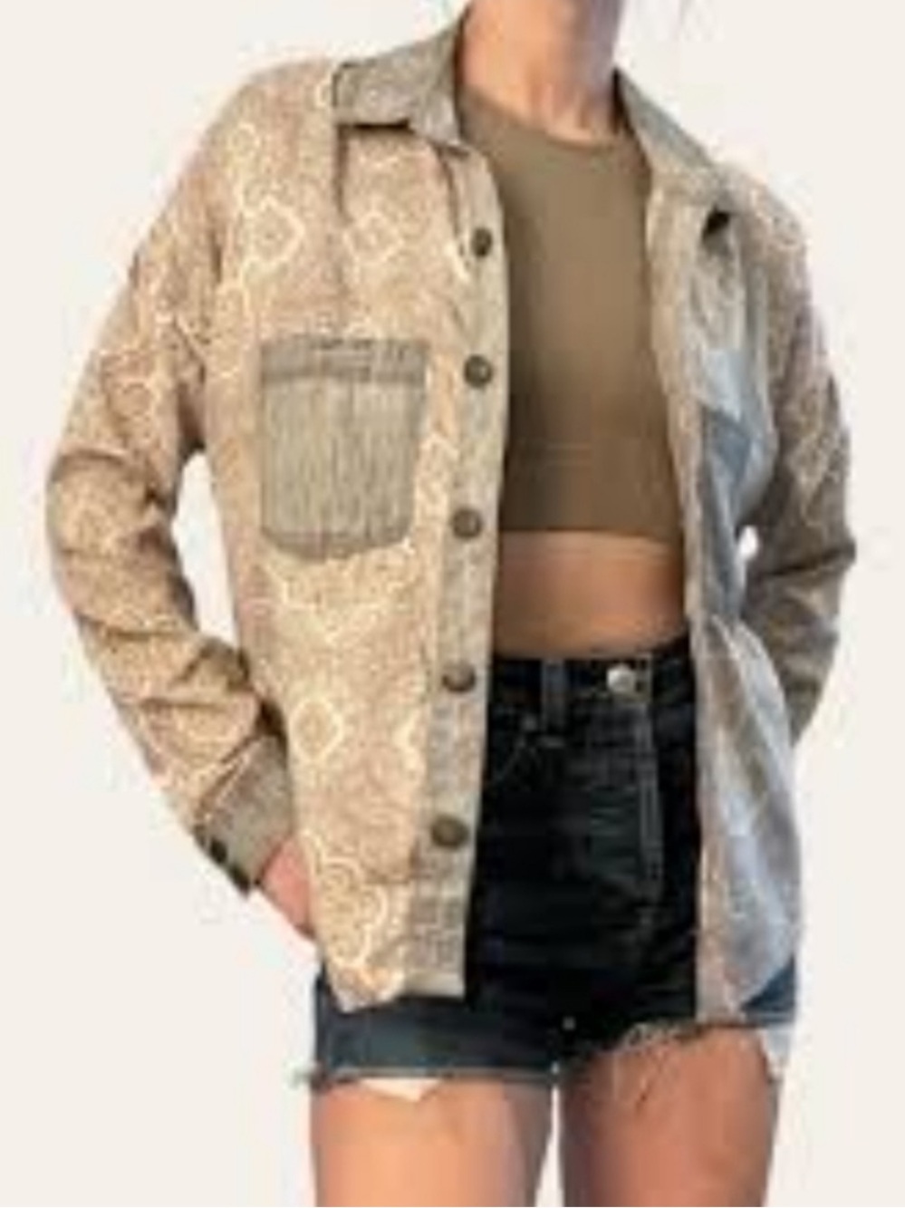 Free People Center Western Paisley Button Down Shirt Silky Medium Gray